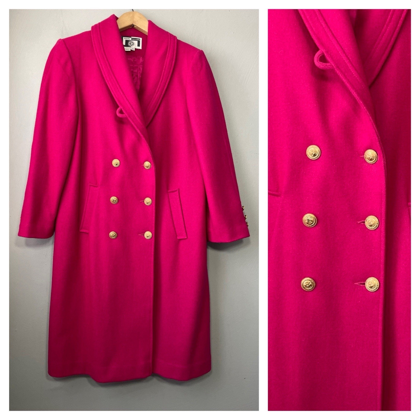 Vintage Fuchsia Pink Trench Coat Womens Size 14 Wool Double Breasted Glamoratti